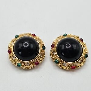 VINTAGE PAOLO GUCCI Gold Plated Black Cabochon Clip On Earrings Signed